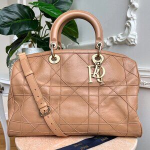 Authentic Christian Dior Cannage Granville Beige Leather Shoulder Bag B0861